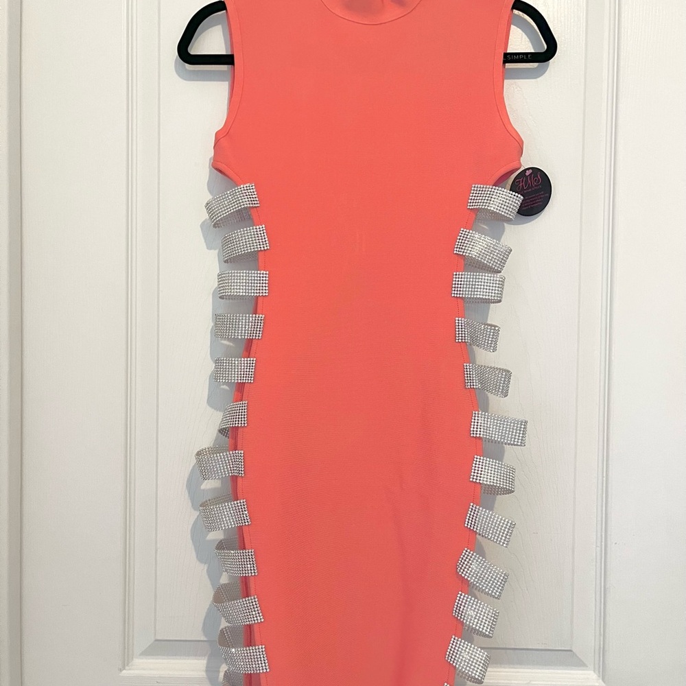 Hot Miami Styles Coral Mini Dress with Rhinestone Band  Details